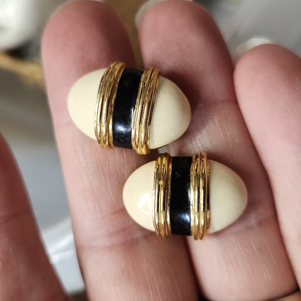 Vintage monet white with black band earings